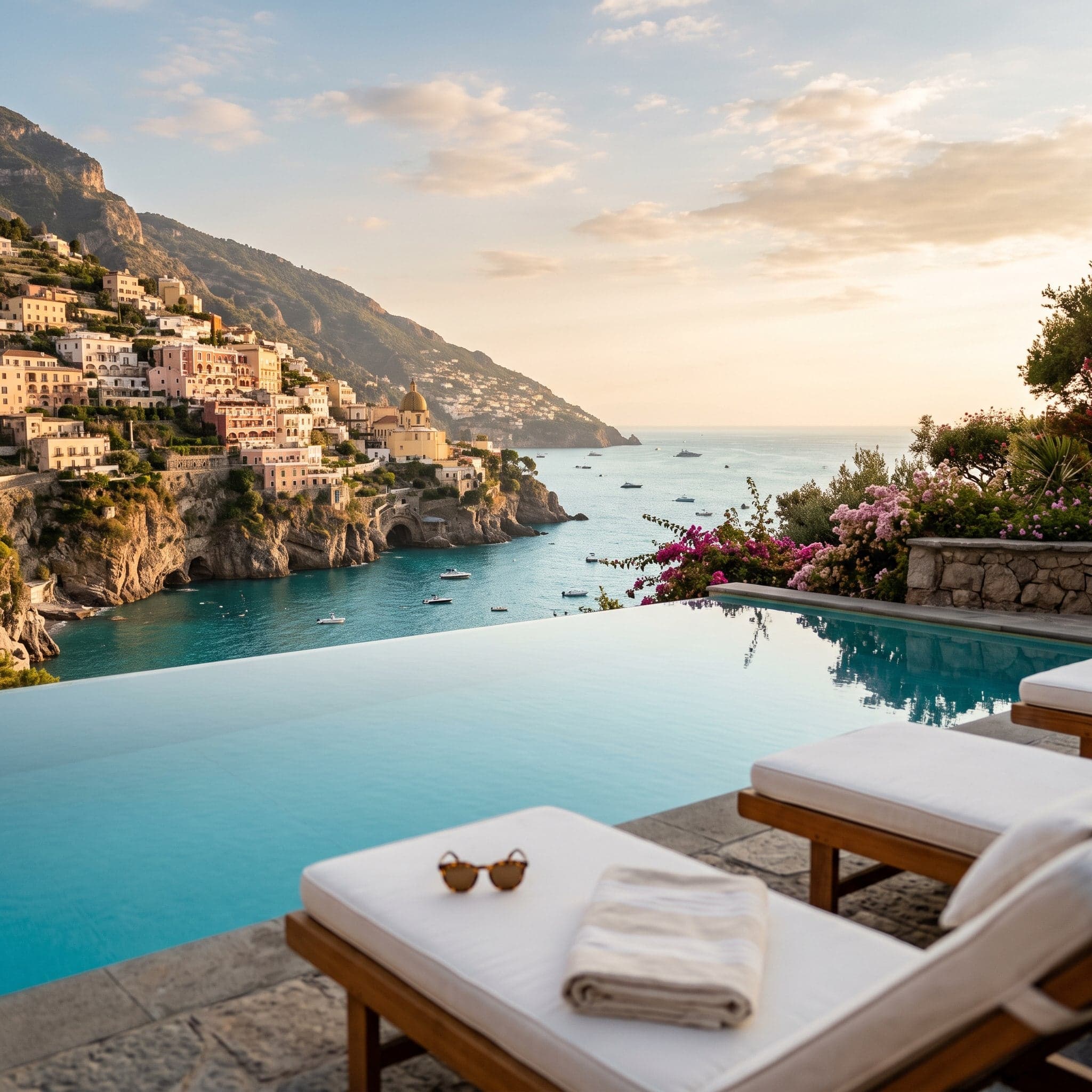 A private infinity pool on a clifftop terrace above the Amalfi Coast at golden hour